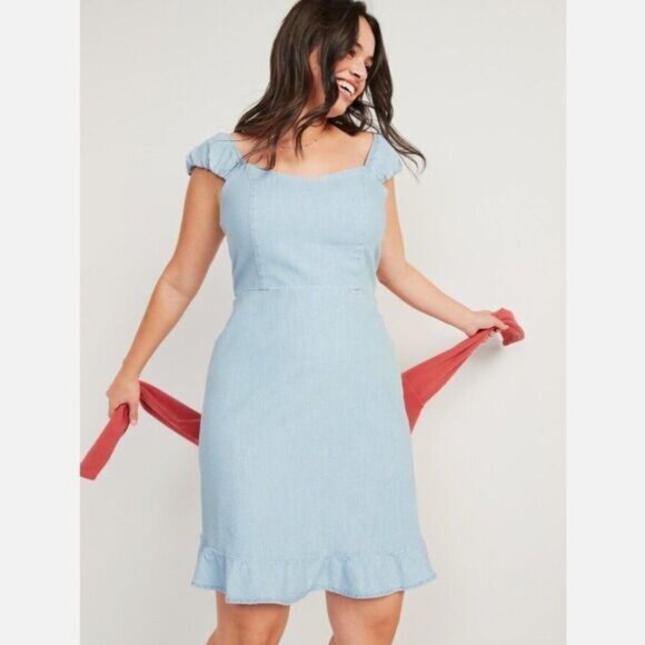 OLD NAVY | Cami Fit & Flare Chambray Light Jean Mini Dress Sz 4X - Picture 1 of 14